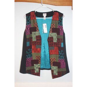 Chicos Brilliant Patch Jacquard Vest Size 2 Hook Closure Black Multicolor NWT